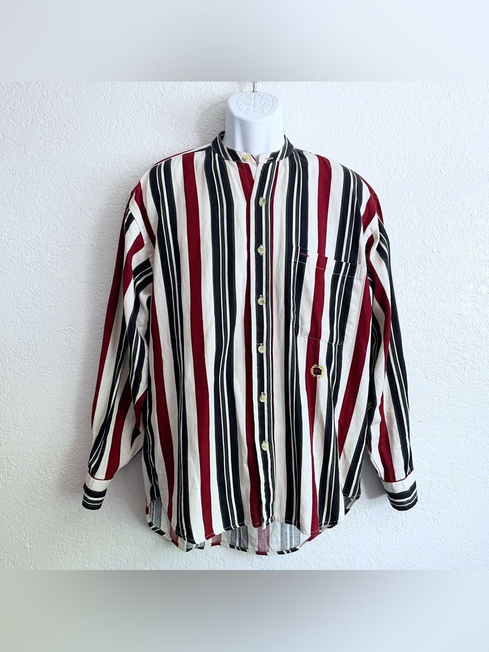 VTG 90s Merona Red Black White Striped Mandarin Collar Shirt Men's Medium